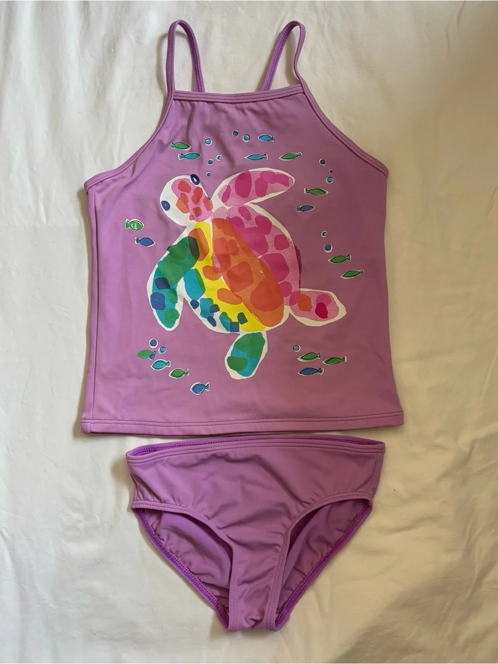 Lands' End Lavender Girls' Tankini with Multicolored Turtle Graphic